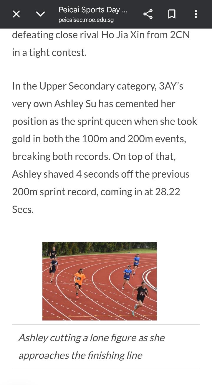 Ashley nearing the finish line during a sprint race at Peicai Sports Day 2026