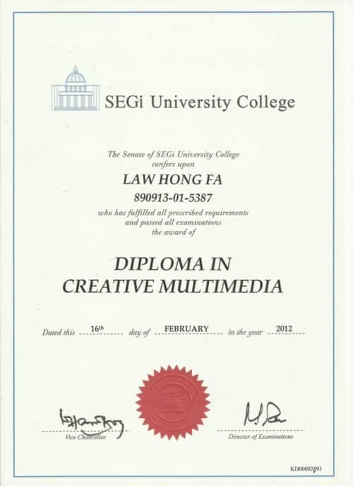 Graduated in SEGi University Malaysia with a Diploma in Creative Multimedia