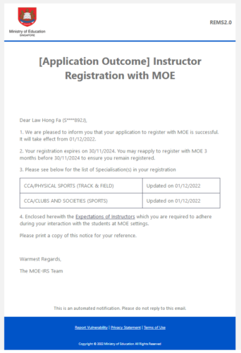 Singapore Ministry of Education Registered Coach (MOE)